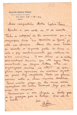Carta del Dr. Osorio César del 20 de septiembre de 1934