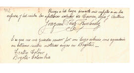 Manuscrito "Saludos de Carmen, Sofia y Antonio. Pérez Fernández. Teatro Colón. Bogotá, Colom...