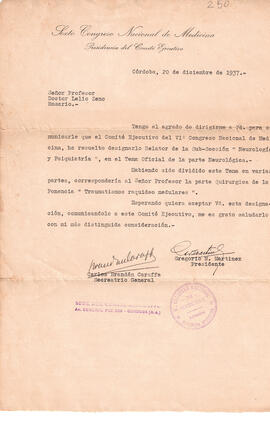 Carta mecanografiada, membretada. Sexto Congreso Nacional de Medicina. Presidencia del Comité Eje...
