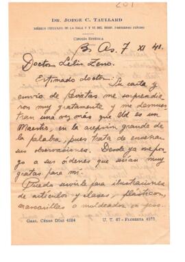Carta del Dr. Jorge C. Taullard del 7 de noviembre de 1941