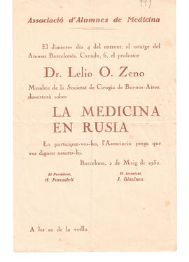 Folleto de la Associació Álumnes de Medicina sobre la disertación de Dr. Lelio O. Zeno