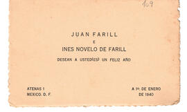 Tarjeta de saludo de Juan Farill e Ines Novelo de Farill del 1 de enero de 1940