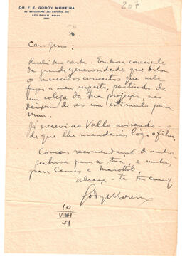 Carta del Dr. F. E. Godoy Moreira del 10 de agosto de 1941