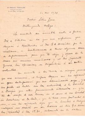 Carta del Dr. Pedro Regules del 1 de noviembre de 1938
