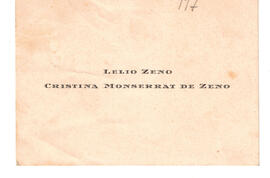 Tarjeta de Lelio Zeno y Cristina Monserrat de Zeno