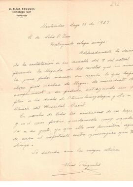 Carta del Dr. Elías Regules del 16 de mayo de 1939