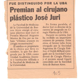 fragmento diario "Fué distinguido por la UBA. Premian al cirujano plástico José Juri"