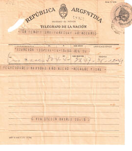 Telegrama del 25 de diciembre de 1941 con motivo de las fiestas